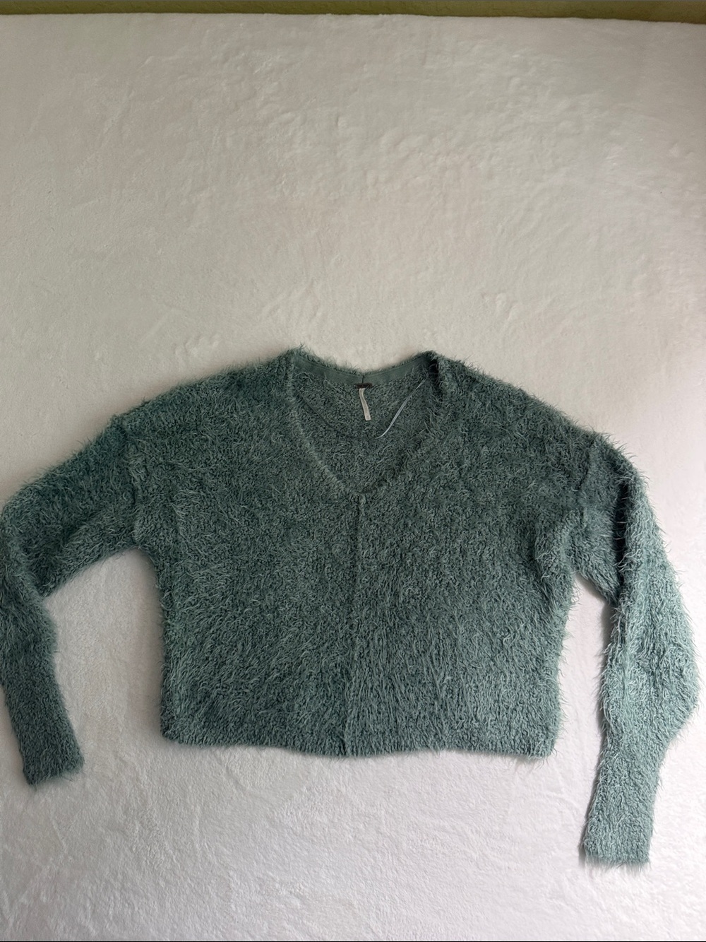 Free People Fuzzy V-Neck Cropped Sweater in Sage Green